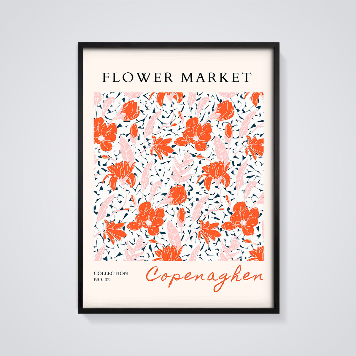 Copenaghen Flower Market Floral Print framed in black on a grey background