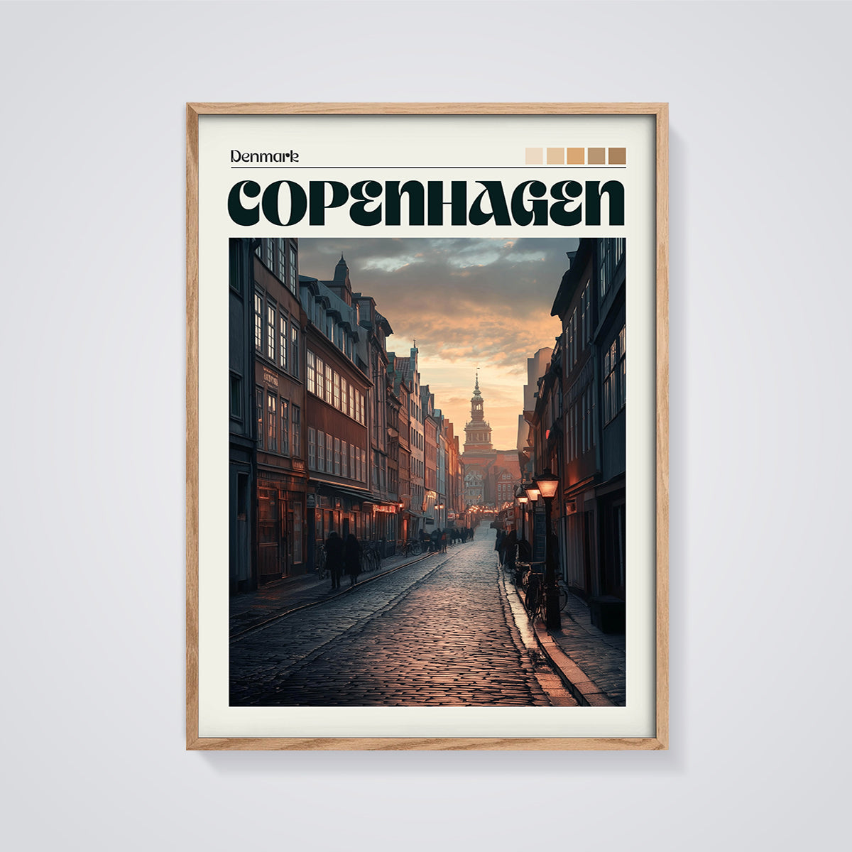 Copenhagen Sunset Street Print framed in oak on a grey background
