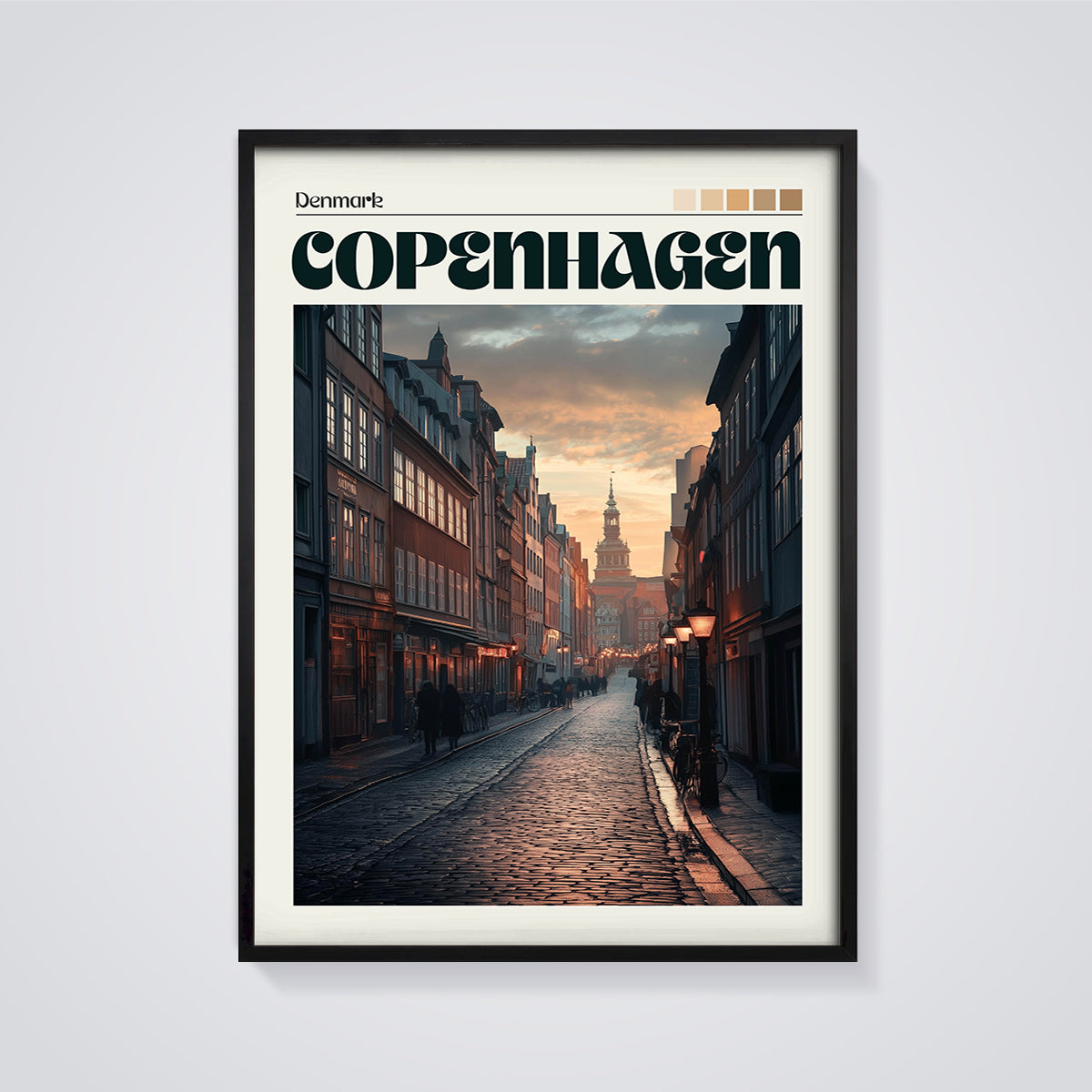 Copenhagen Sunset Street Print framed in black on a grey background