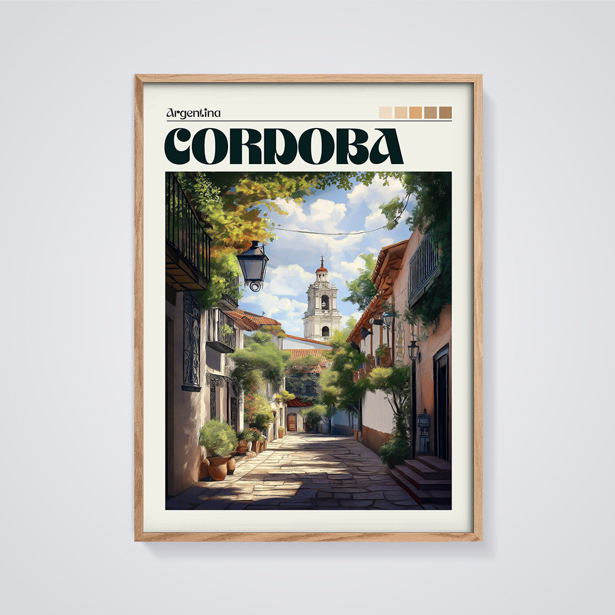 Cordoba Historic Street Print framed in oak on a grey background