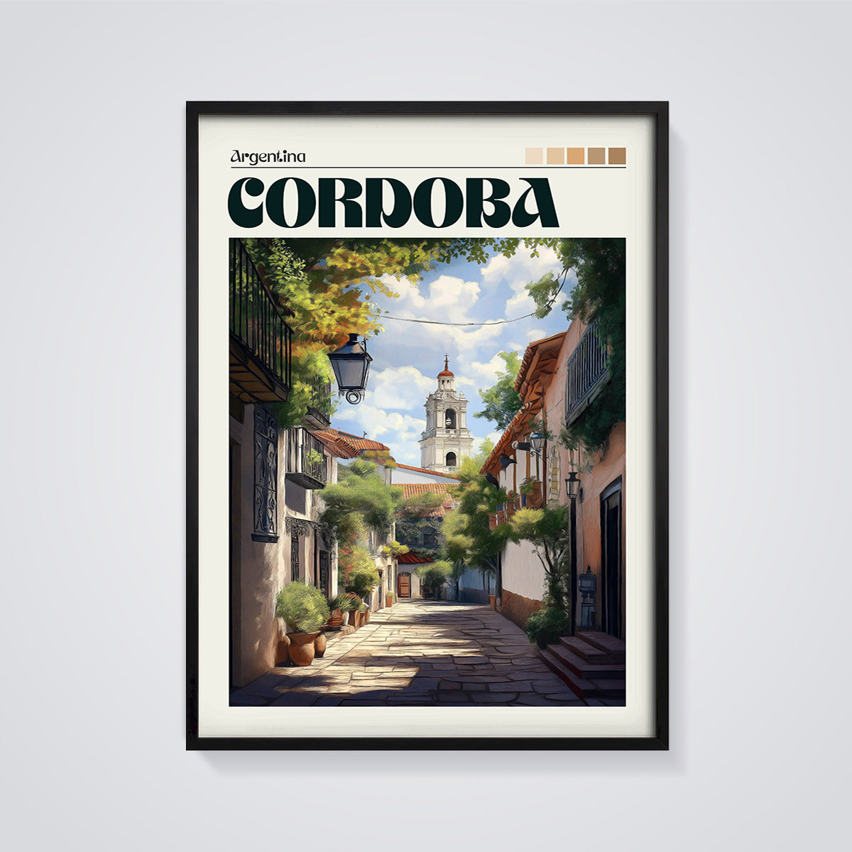 Cordoba Historic Street Print framed in black on a grey background