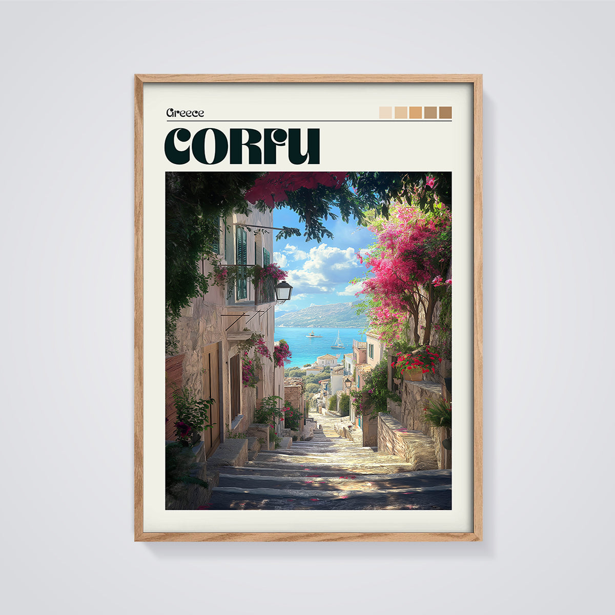 Corfu Greek Island Steps Print framed in oak on a grey background