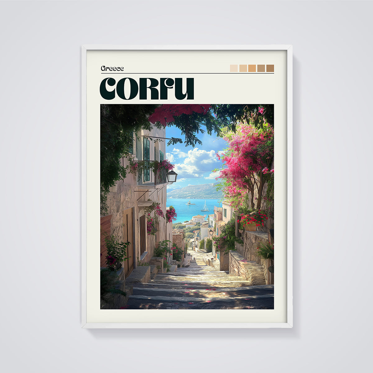 Corfu Greek Island Steps Print framed in white on a grey background