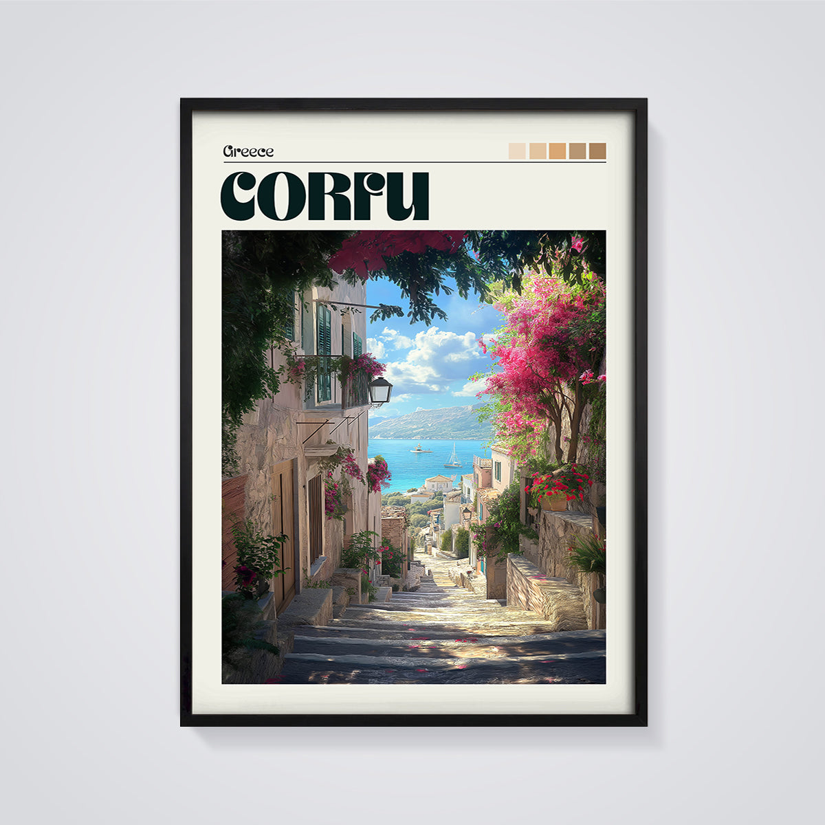 Corfu Greek Island Steps Print framed in black on a grey background