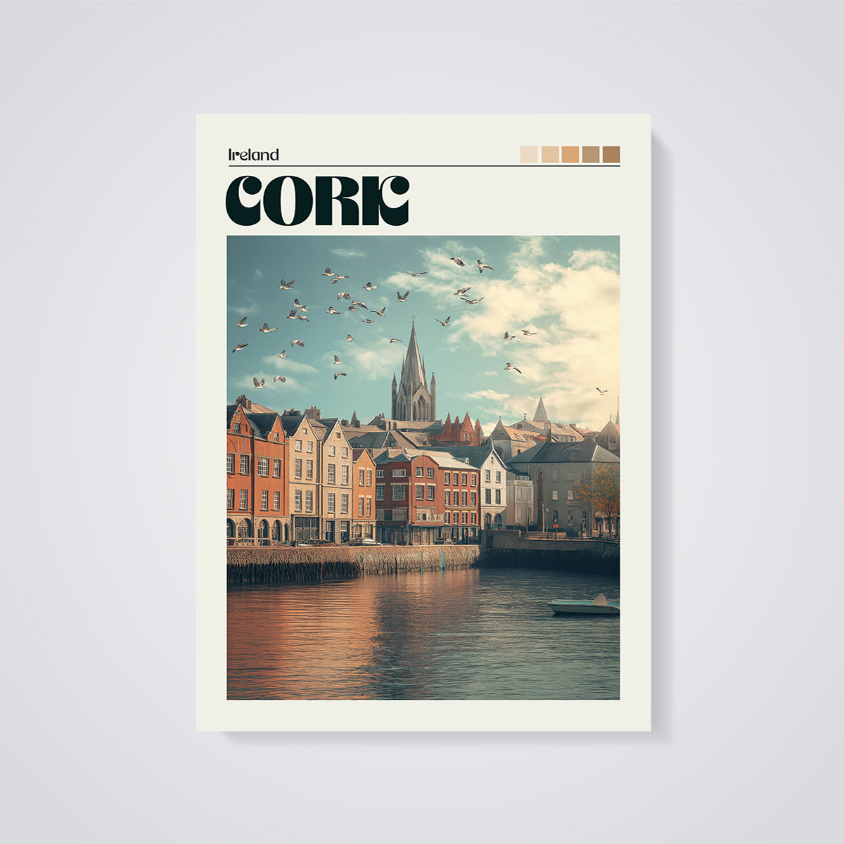 Cork City Riverfront Print unframed on a grey background