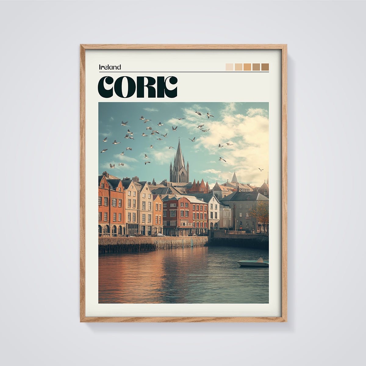 Cork City Riverfront Print framed in oak on a grey background