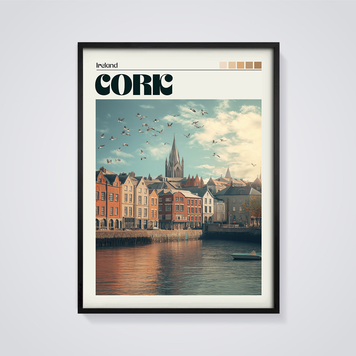 Cork City Riverfront Print framed in black on a grey background