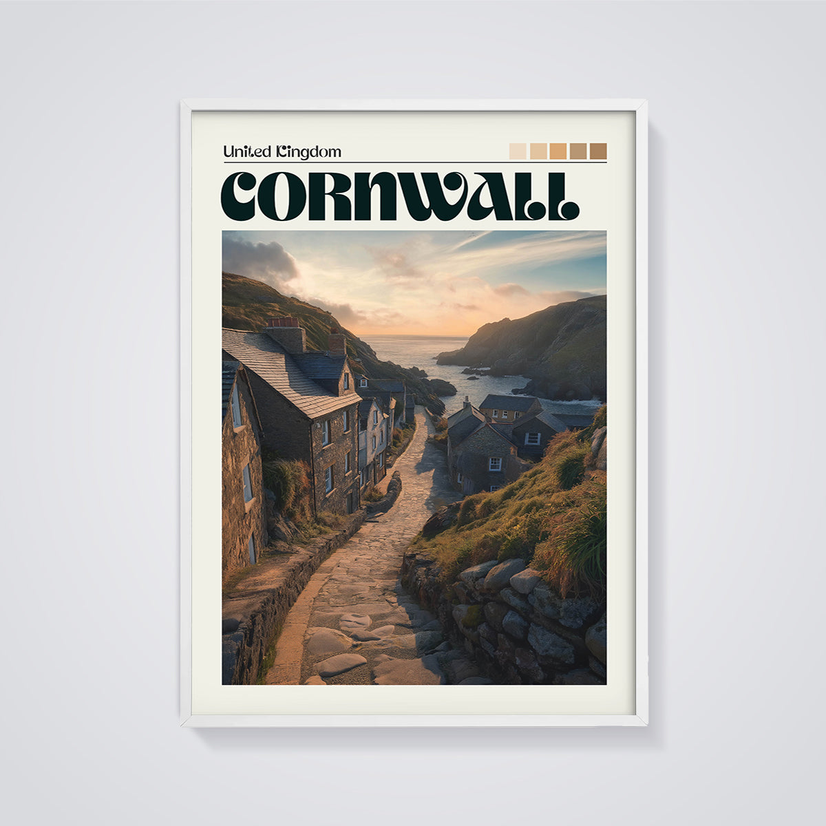 Cornwall Coastal Village Print framed in white on a grey background
