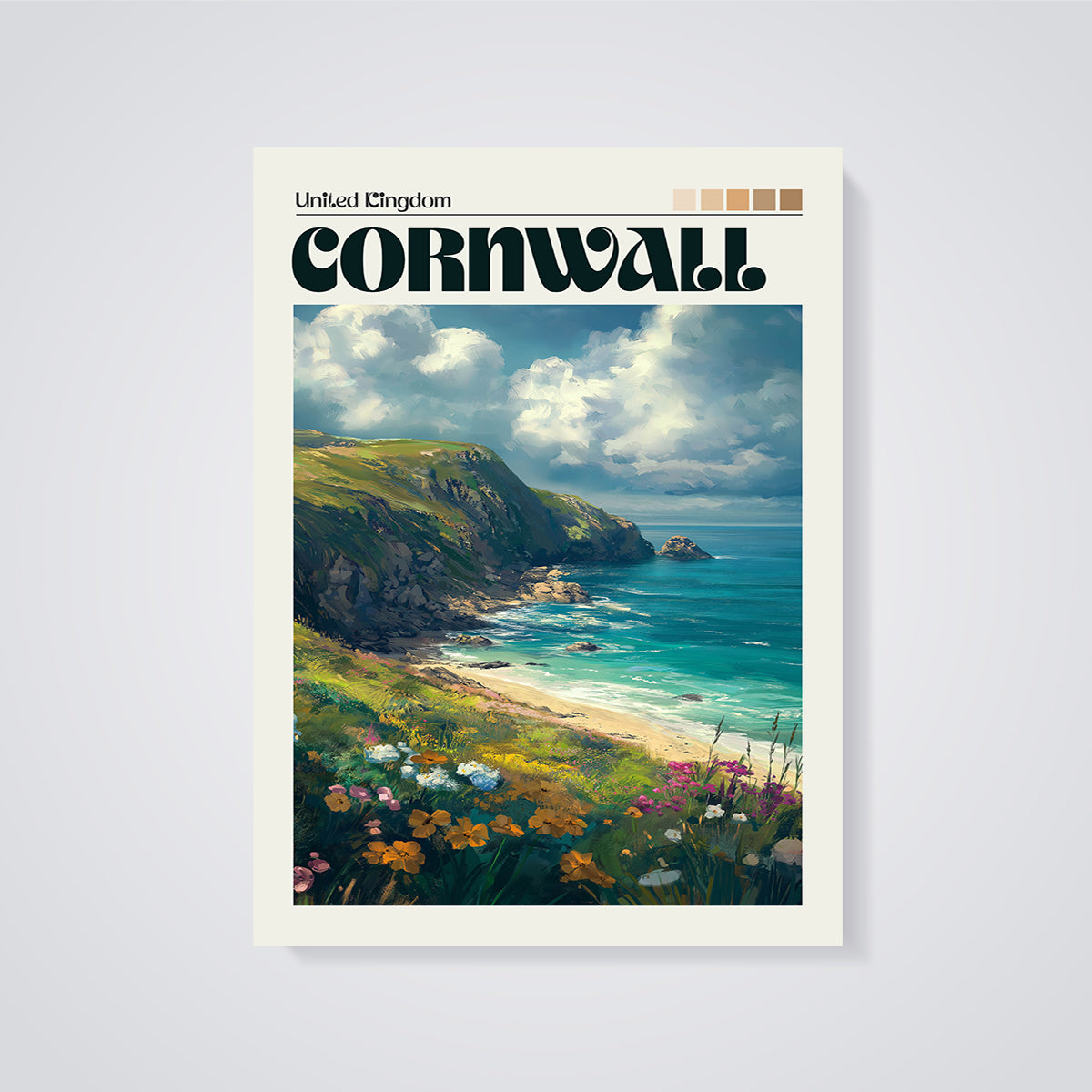 Cornwall Coastal Wildflowers Print unframed on a grey background