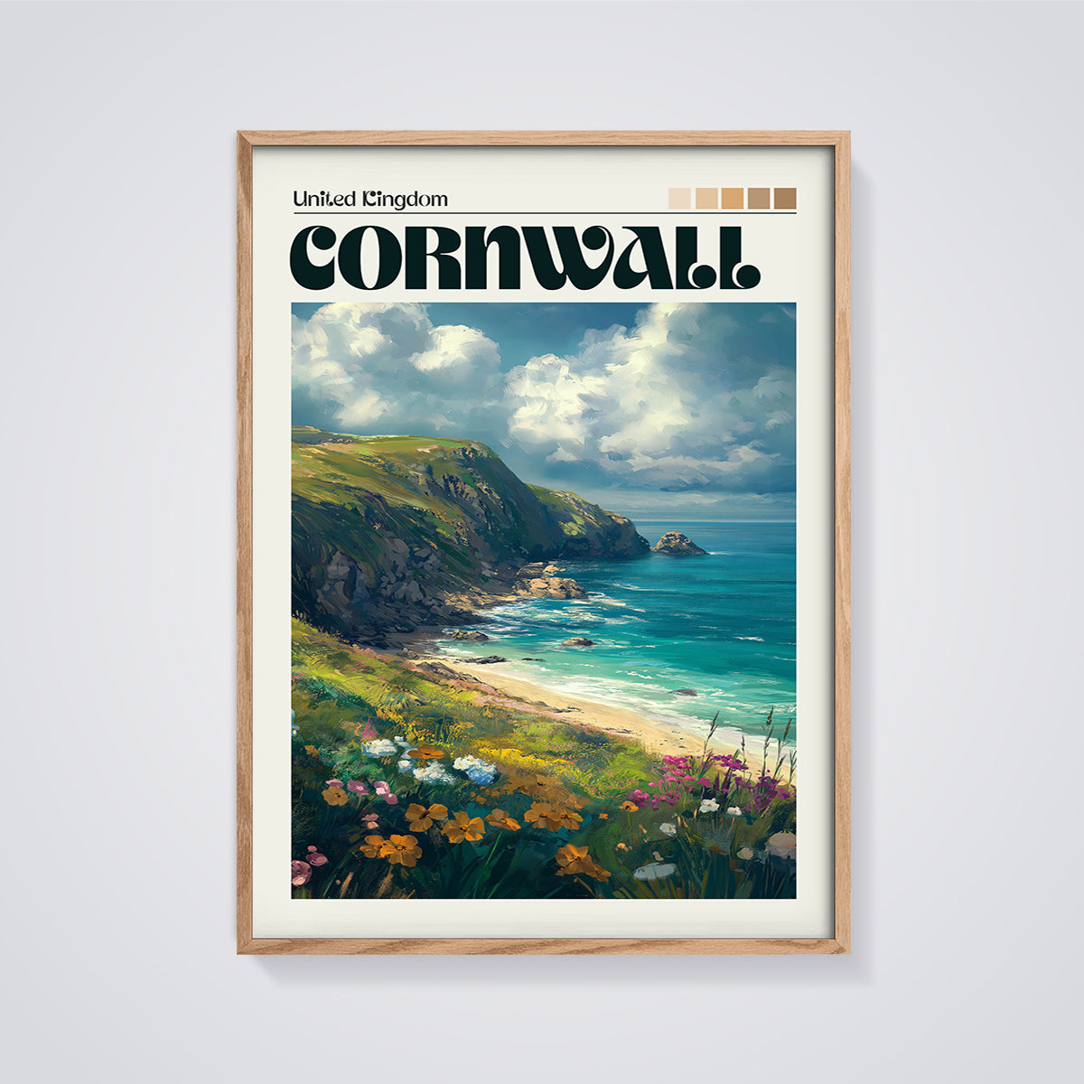 Cornwall Coastal Wildflowers Print framed in oak on a grey background