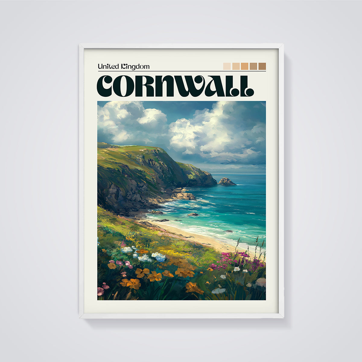 Cornwall Coastal Wildflowers Print framed in white on a grey background