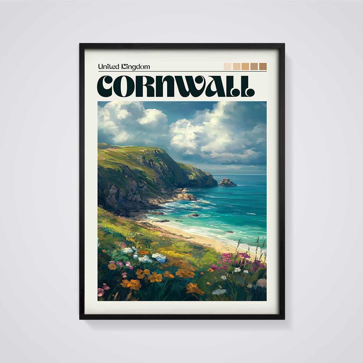 Cornwall Coastal Wildflowers Print framed in black on a grey background