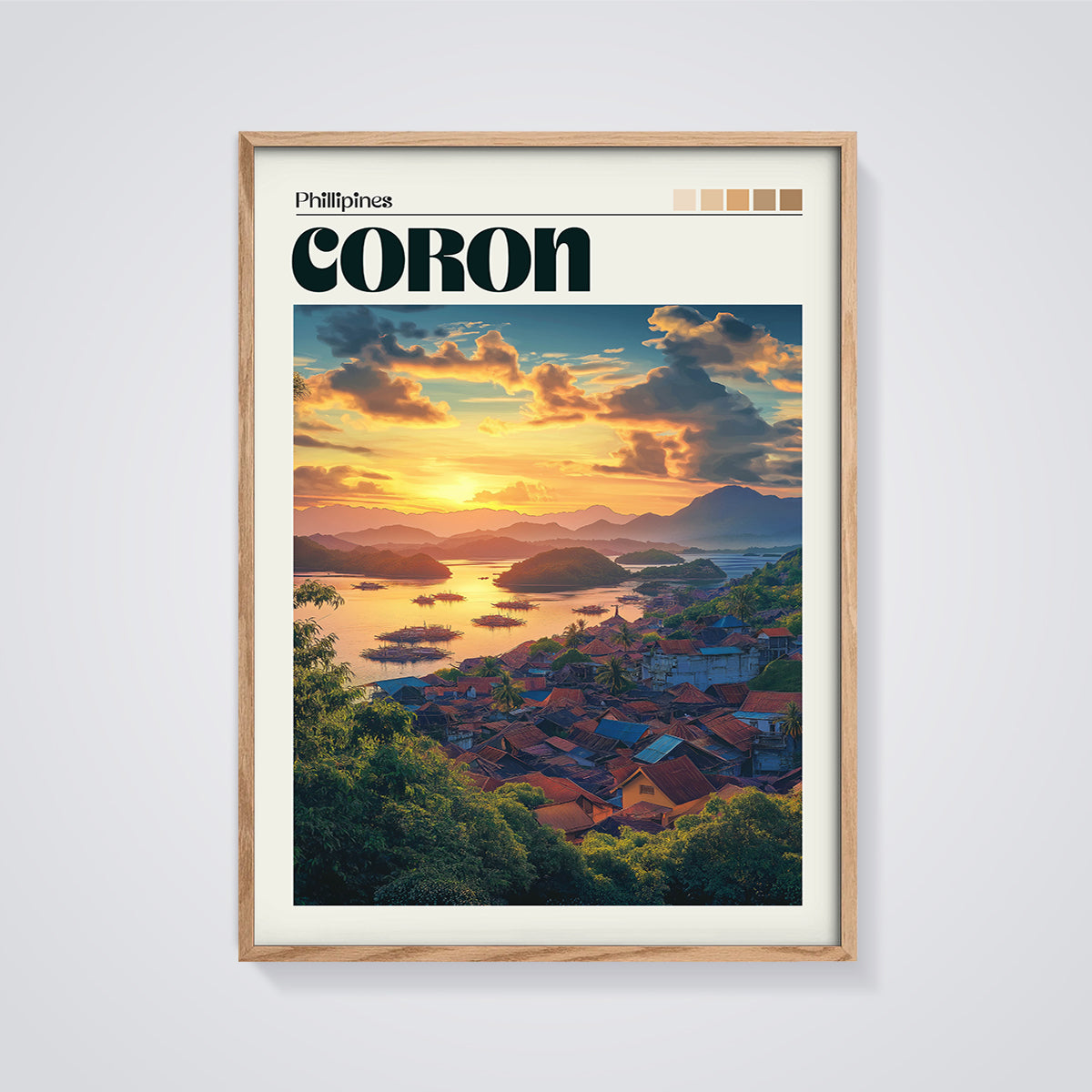 Coron Philippines Sunset Print framed in oak on a grey background