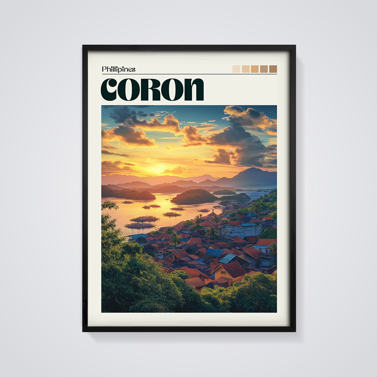 Coron Philippines Sunset Print framed in black on a grey background