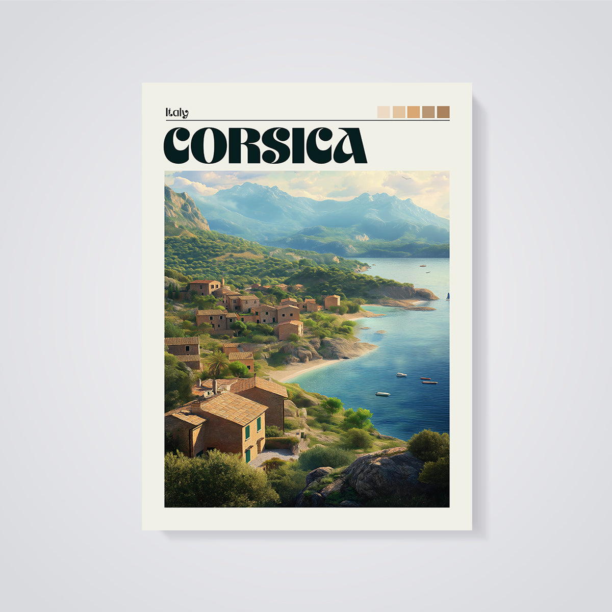 Corsica Coastal Village Print unframed on a grey background