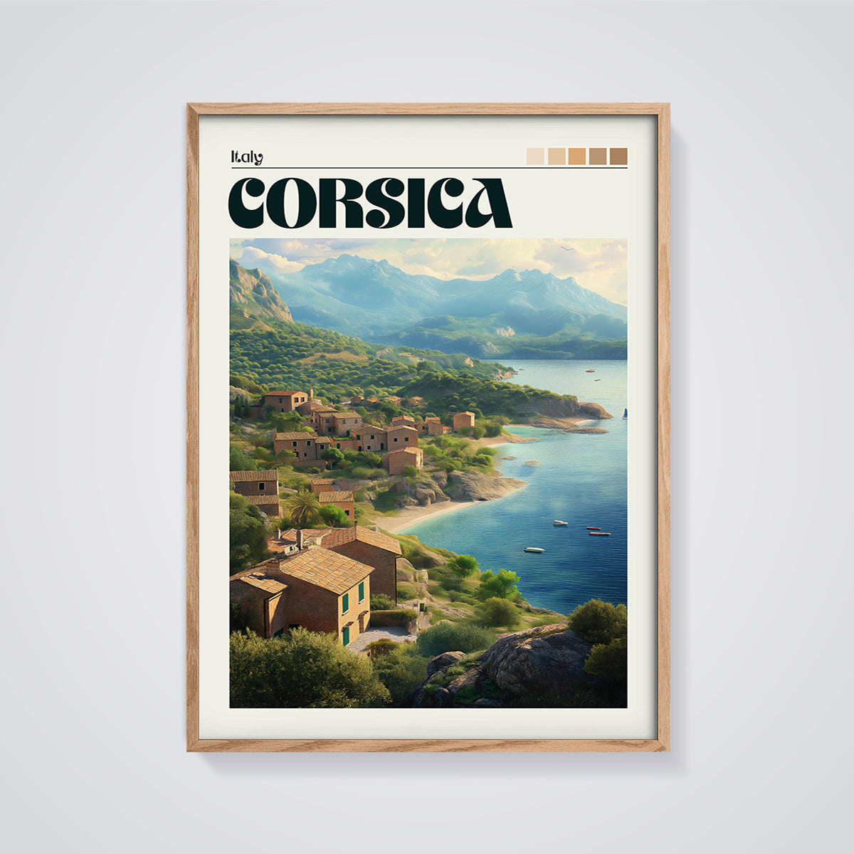 Corsica Coastal Village Print framed in oak on a grey background