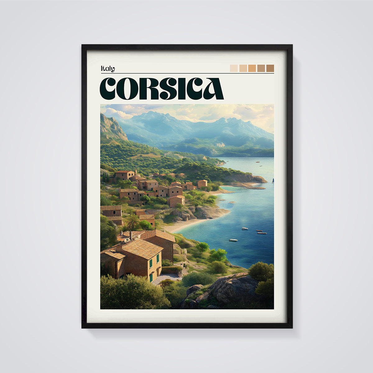 Corsica Coastal Village Print framed in black on a grey background
