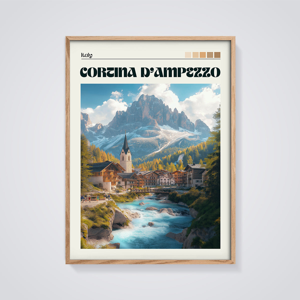 Cortina D'Ampezzo Village Print framed in oak on a grey background