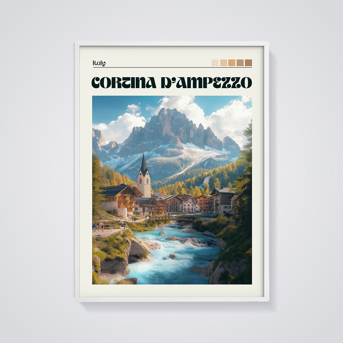 Cortina D'Ampezzo Village Print framed in white on a grey background