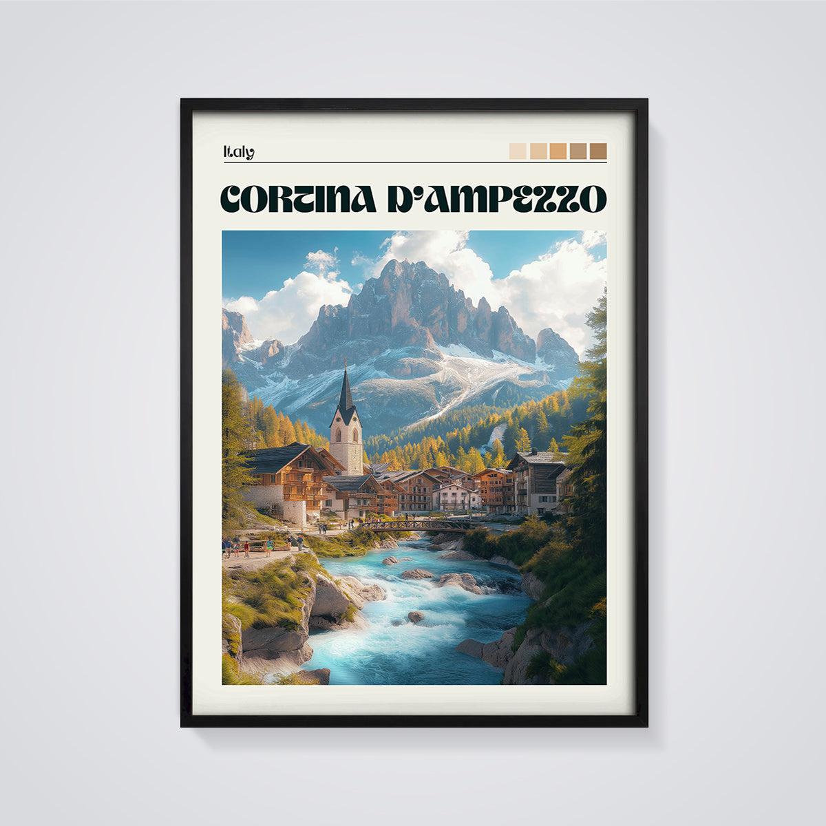 Cortina D'Ampezzo Village Print framed in black on a grey background