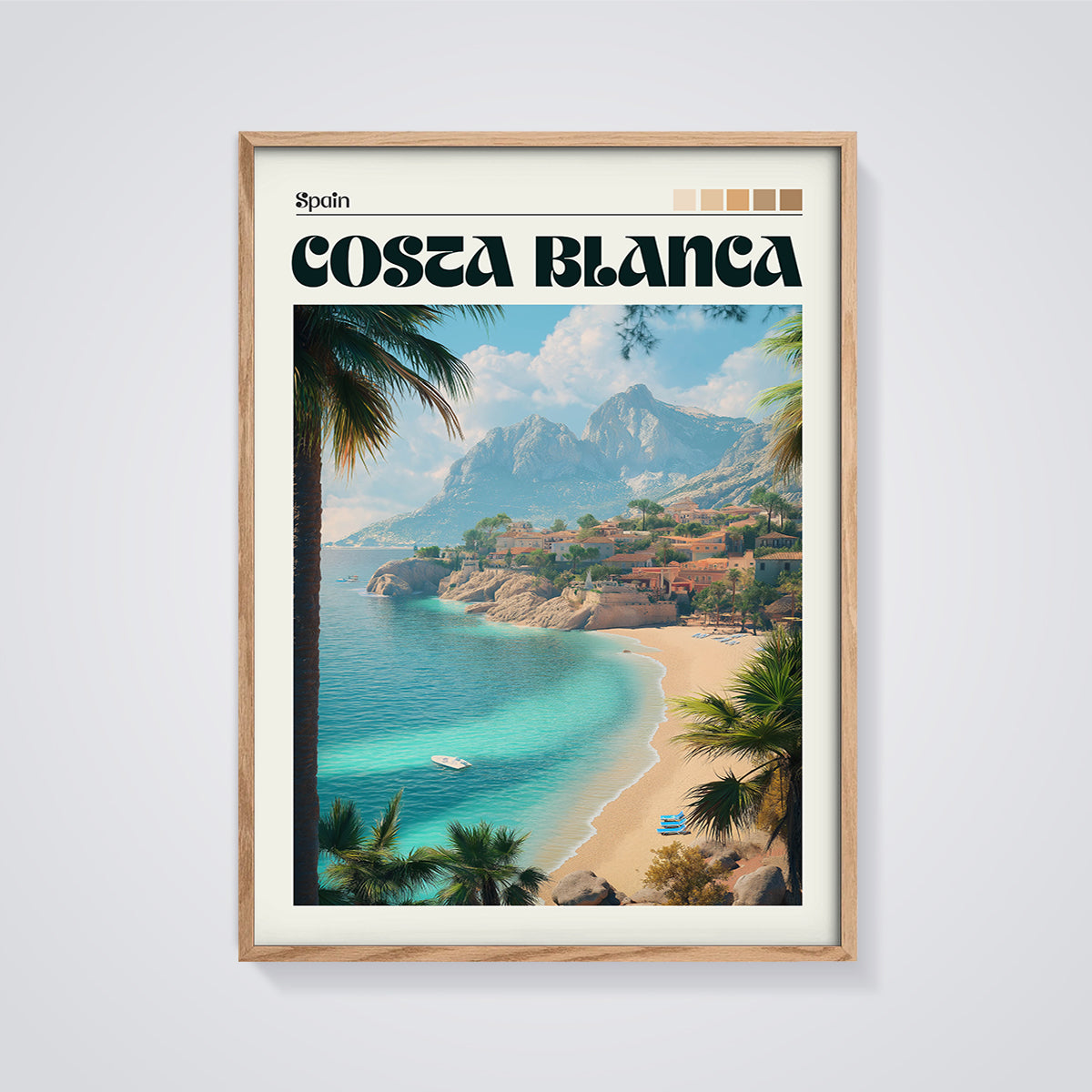 Costa Blanca Spain Beach Print framed in oak on a grey background