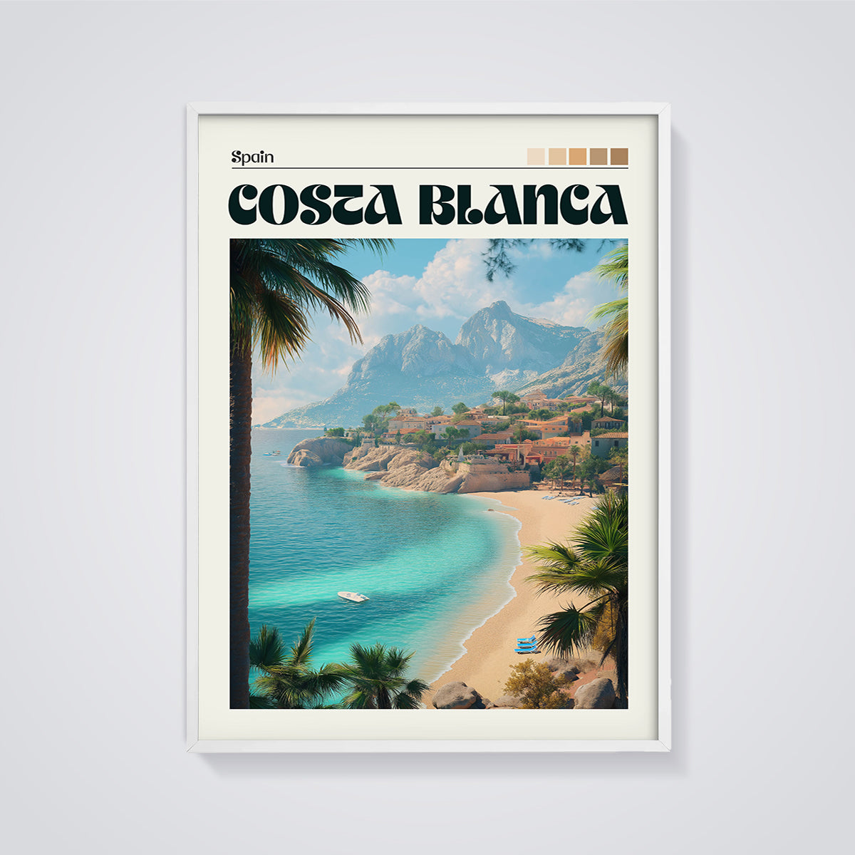 Costa Blanca Spain Beach Print framed in white on a grey background