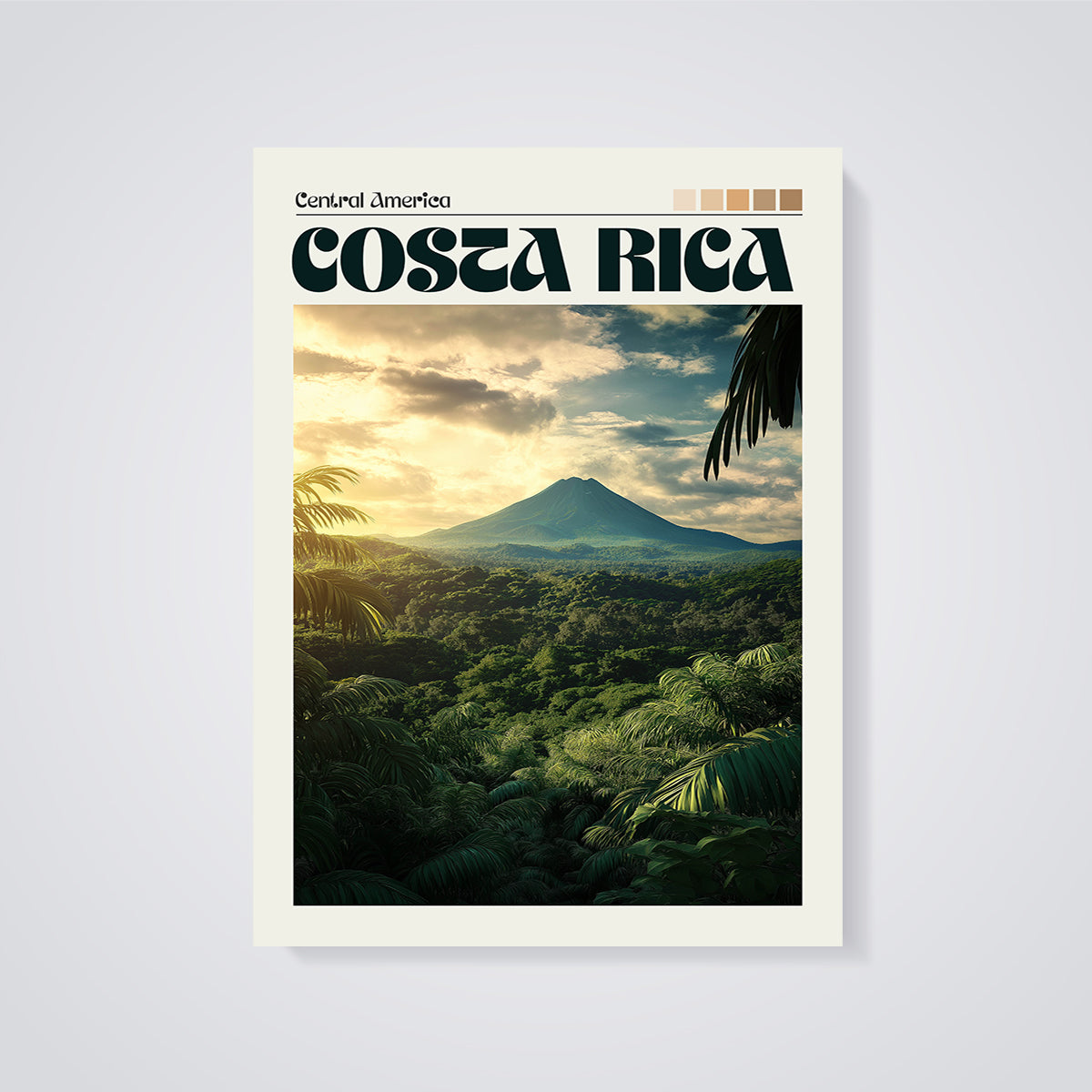 Costa Rica Volcano Jungle Print unframed on a grey background