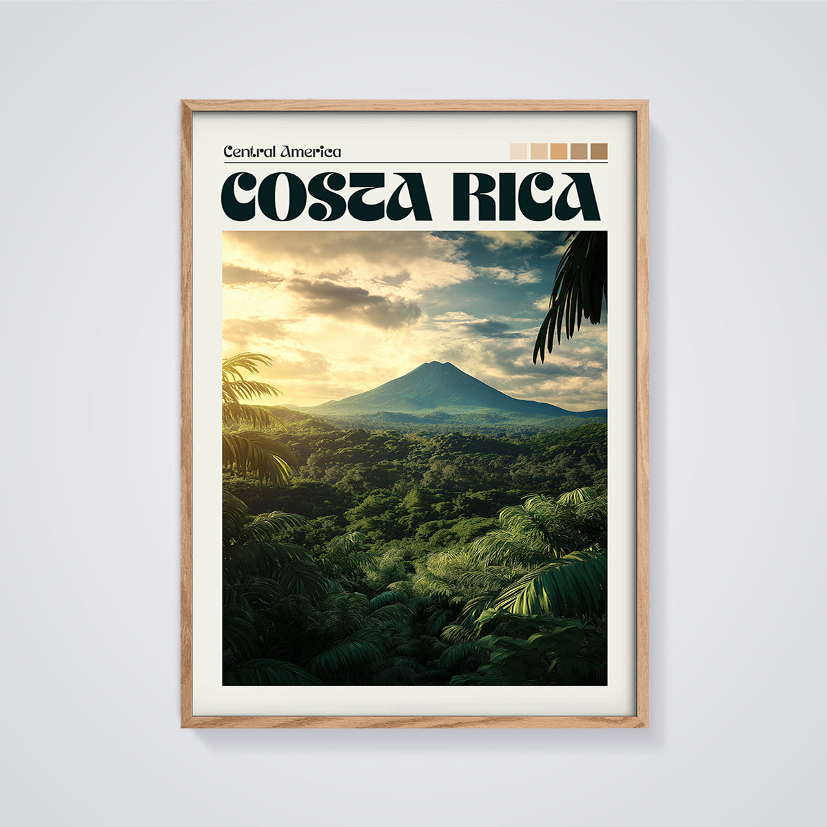 Costa Rica Volcano Jungle Print framed in oak on a grey background