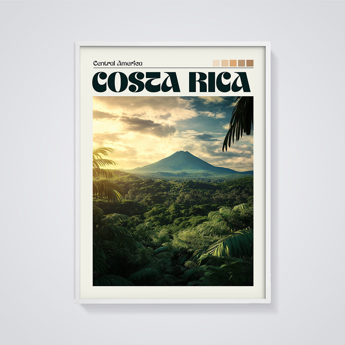 Costa Rica Volcano Jungle Print framed in white on a grey background