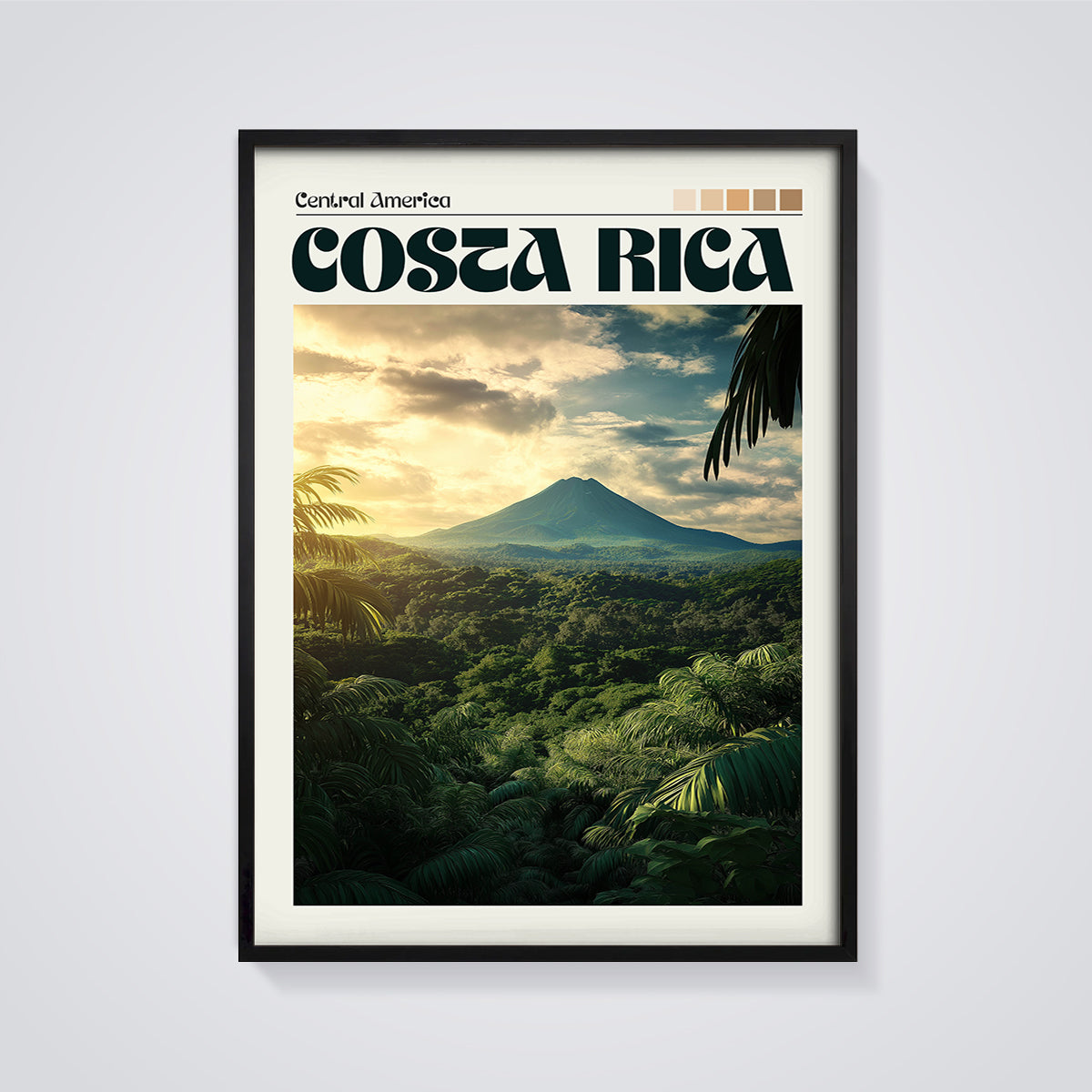 Costa Rica Volcano Jungle Print framed in black on a grey background