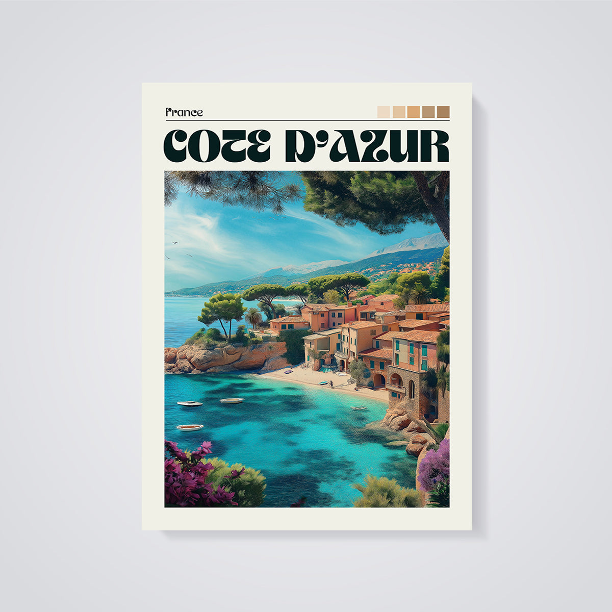 Côte d'Azur Coastal Village Print unframed on a grey background