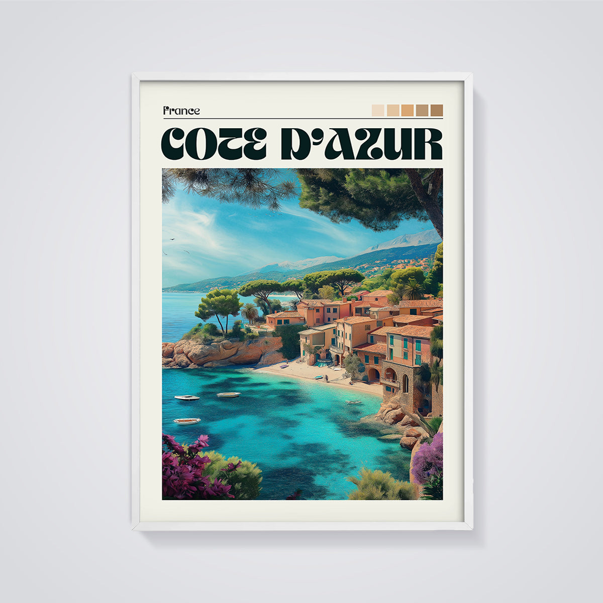 Côte d'Azur Coastal Village Print framed in white on a grey background