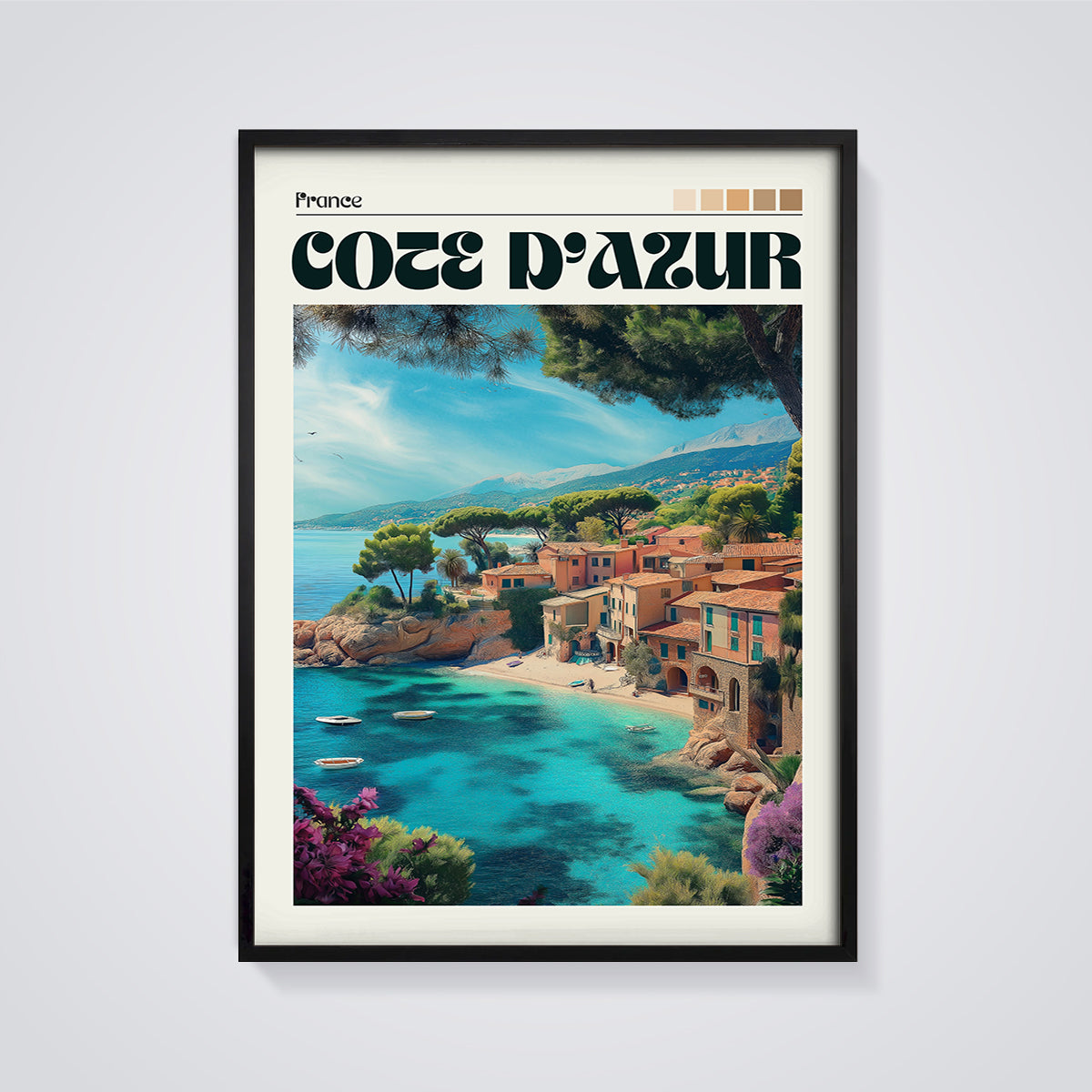 Côte d'Azur Coastal Village Print framed in black on a grey background