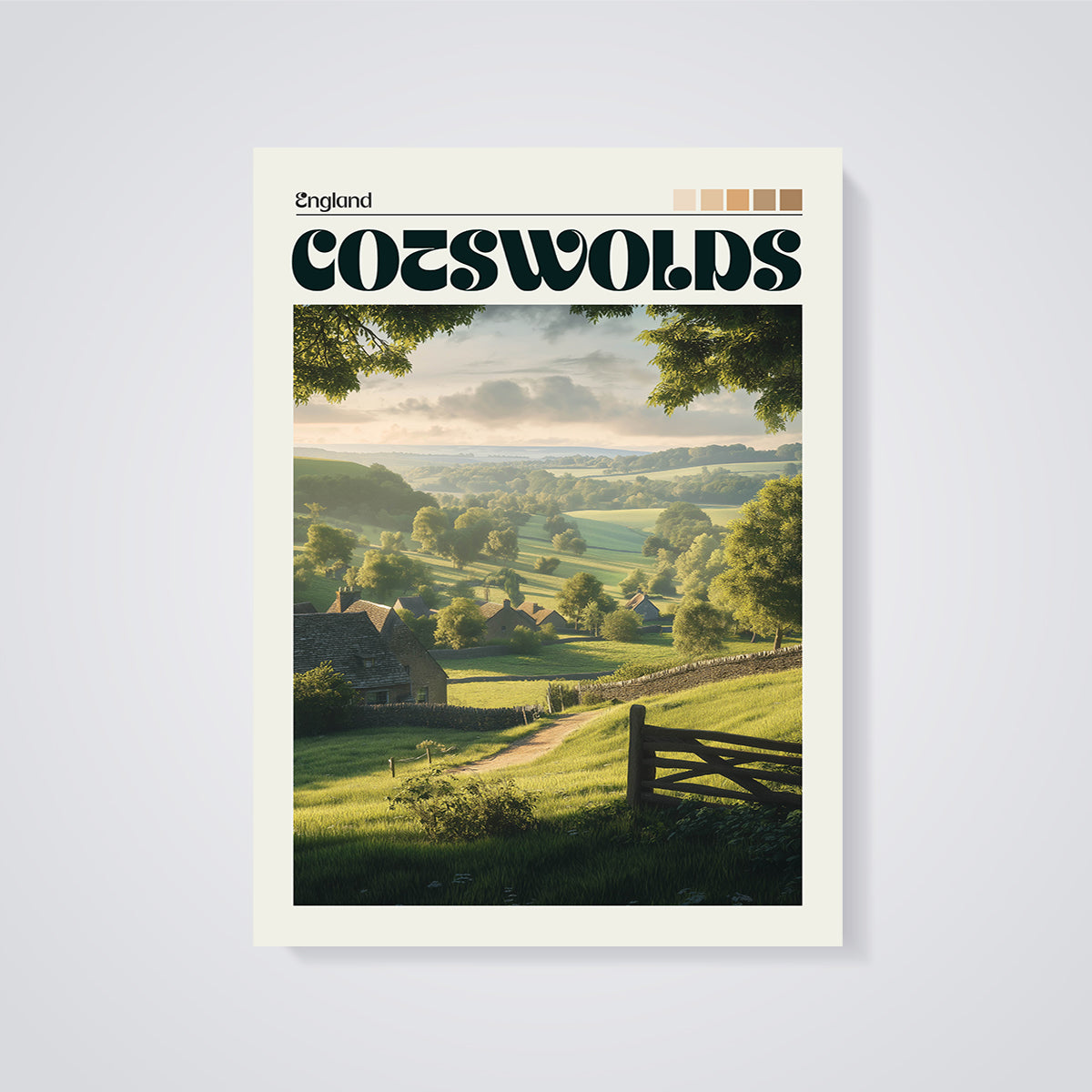Cotswolds England Village Print unframed on a grey background
