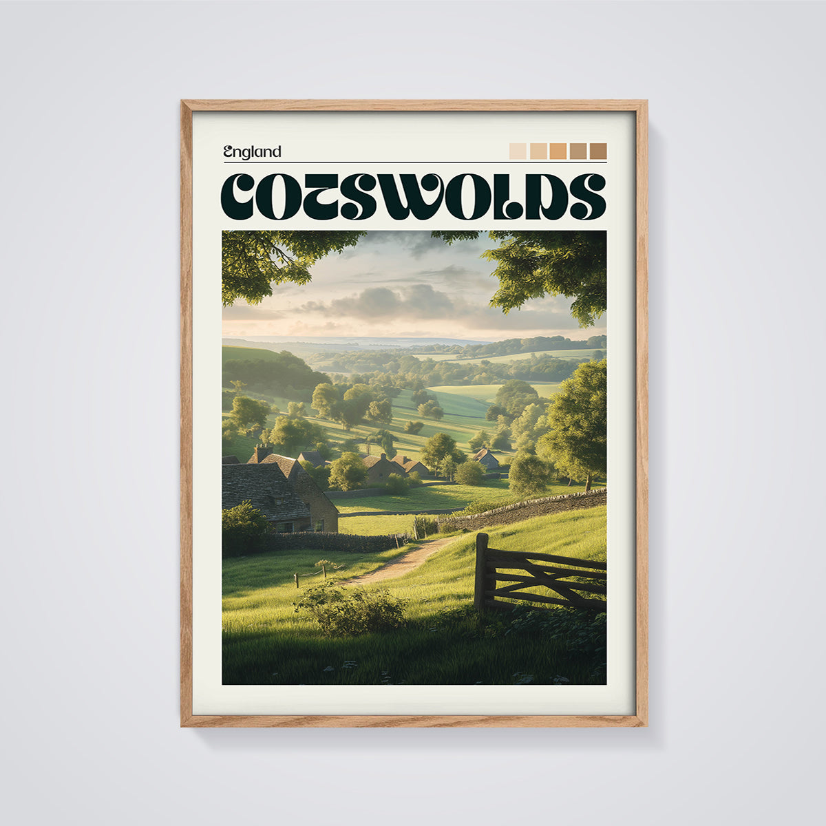 Cotswolds England Village Print framed in oak on a grey background