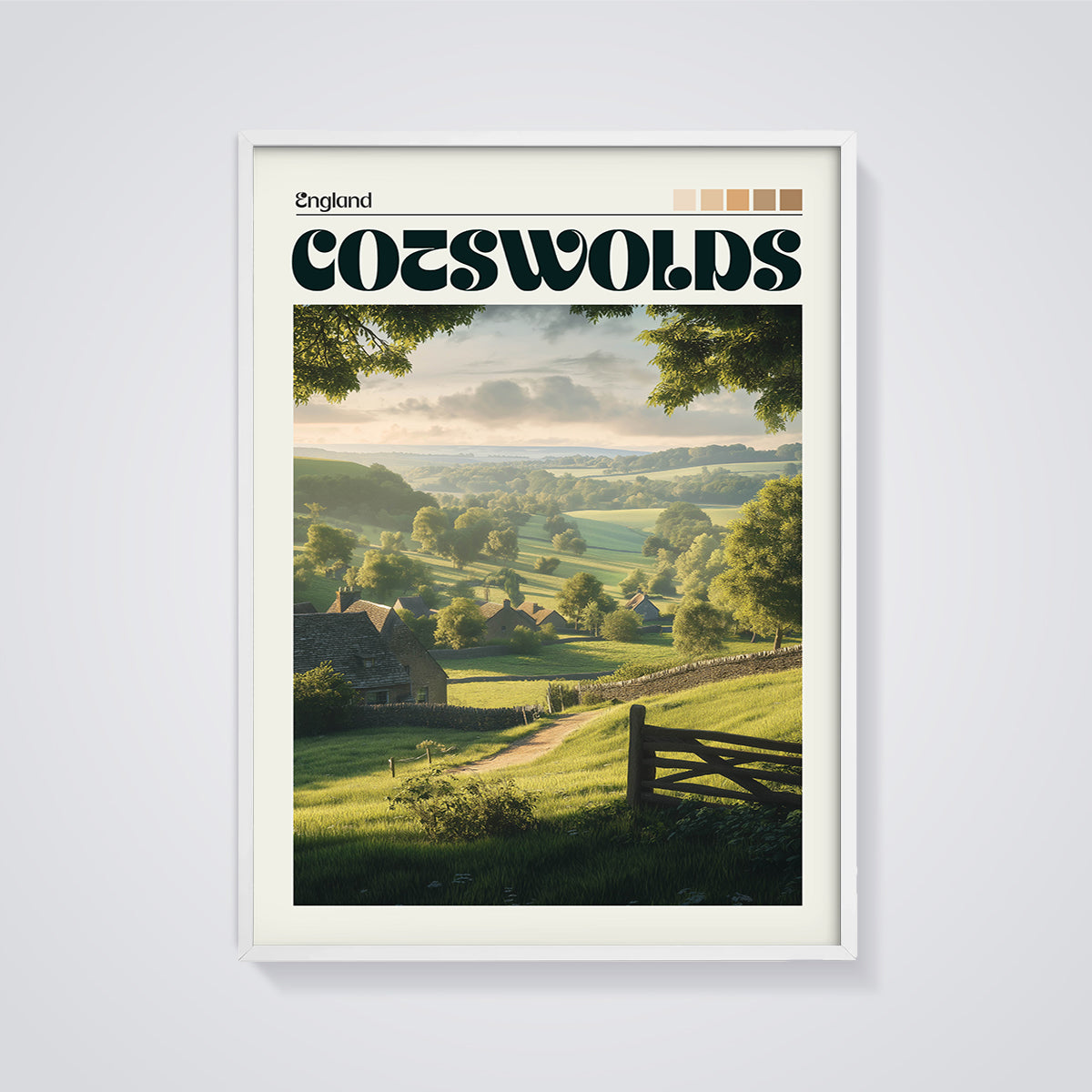 Cotswolds England Village Print framed in white on a grey background