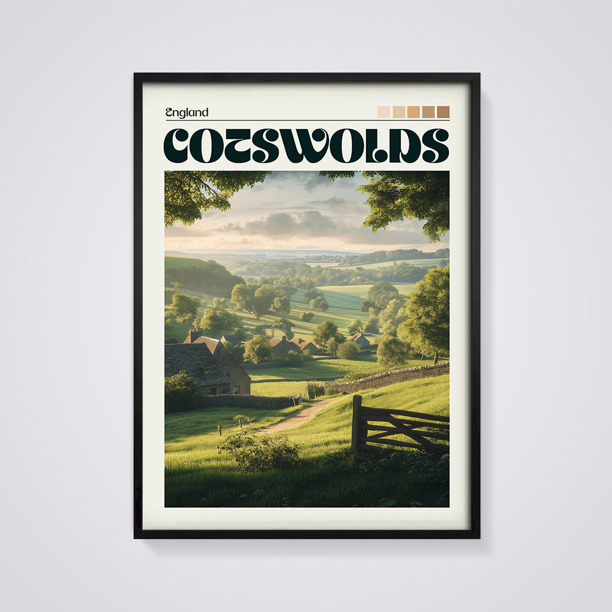 Cotswolds England Village Print framed in black on a grey background
