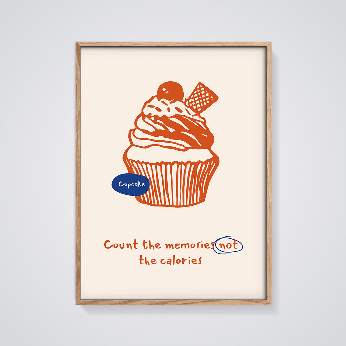Count the Memories Cupcake Print framed in oak on a grey background
