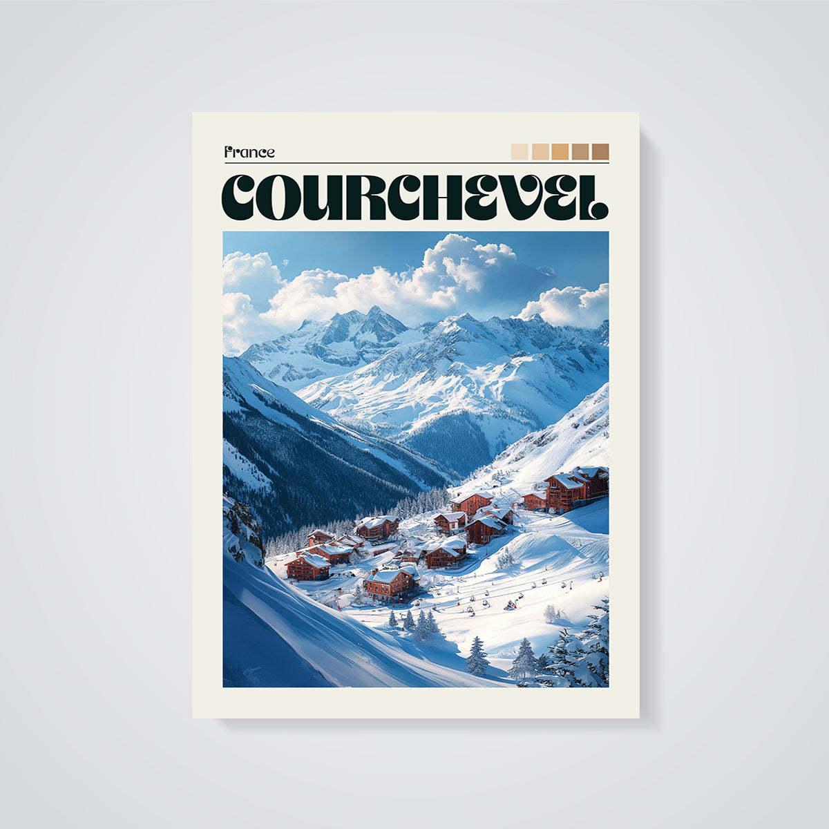 Courchevel Ski Resort Print unframed on a grey background