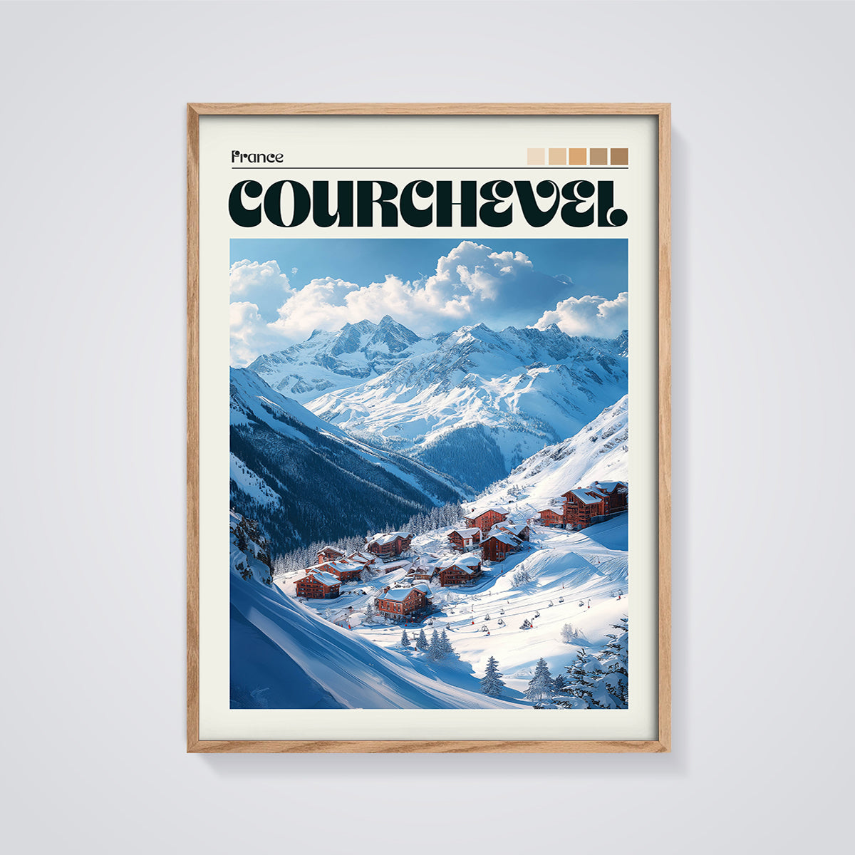 Courchevel Ski Resort Print framed in oak on a grey background