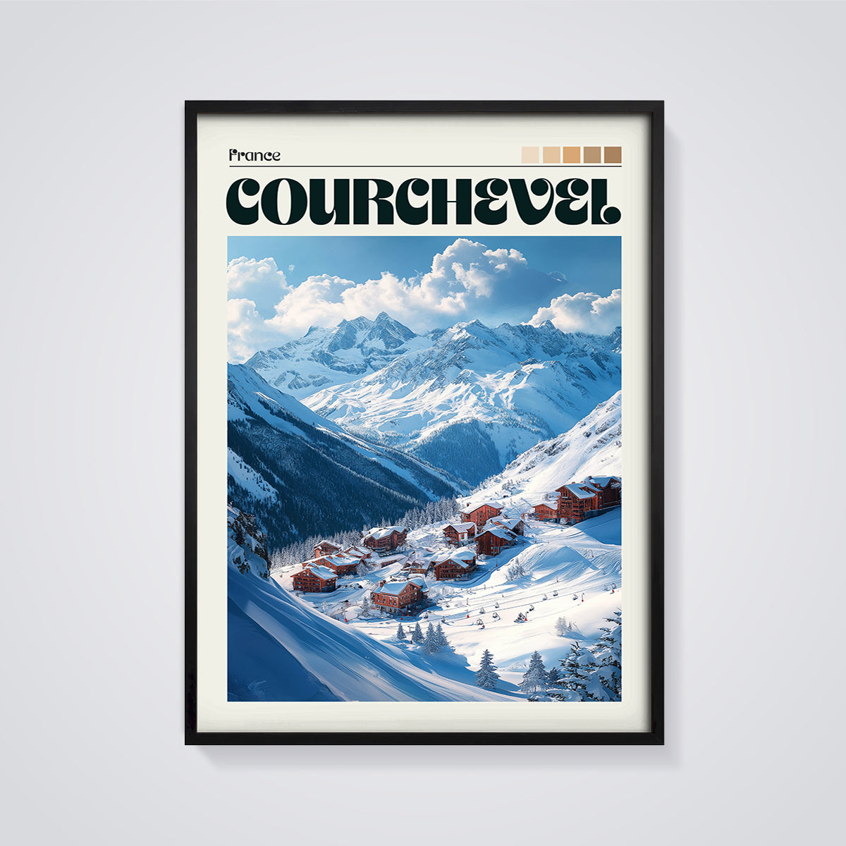 Courchevel Ski Resort Print framed in black on a grey background
