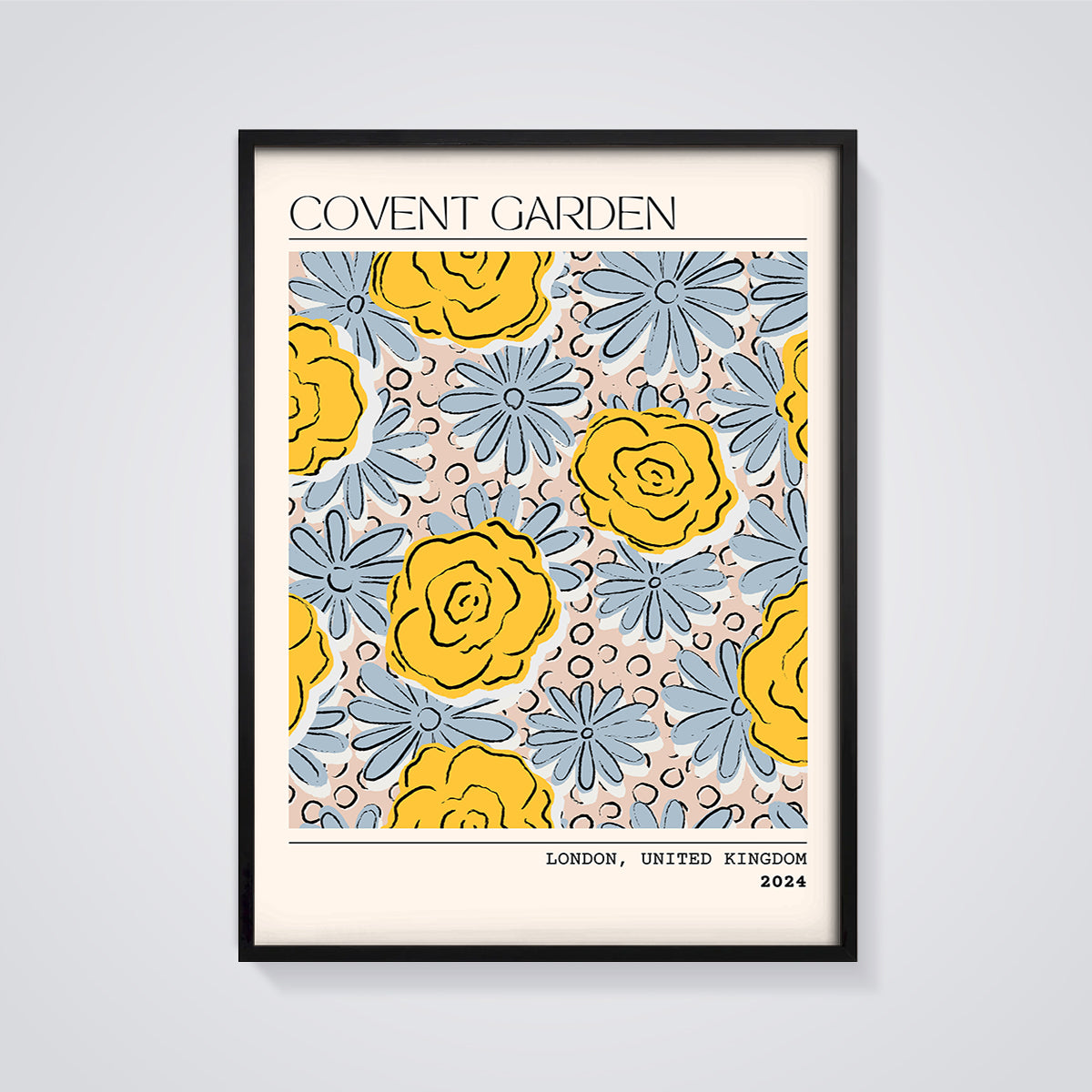 Covent Garden Floral Bloom Print framed in black on a grey background