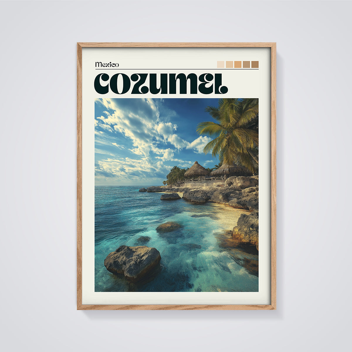 Cozumel Mexico Tropical Beach Print framed in oak on a grey background