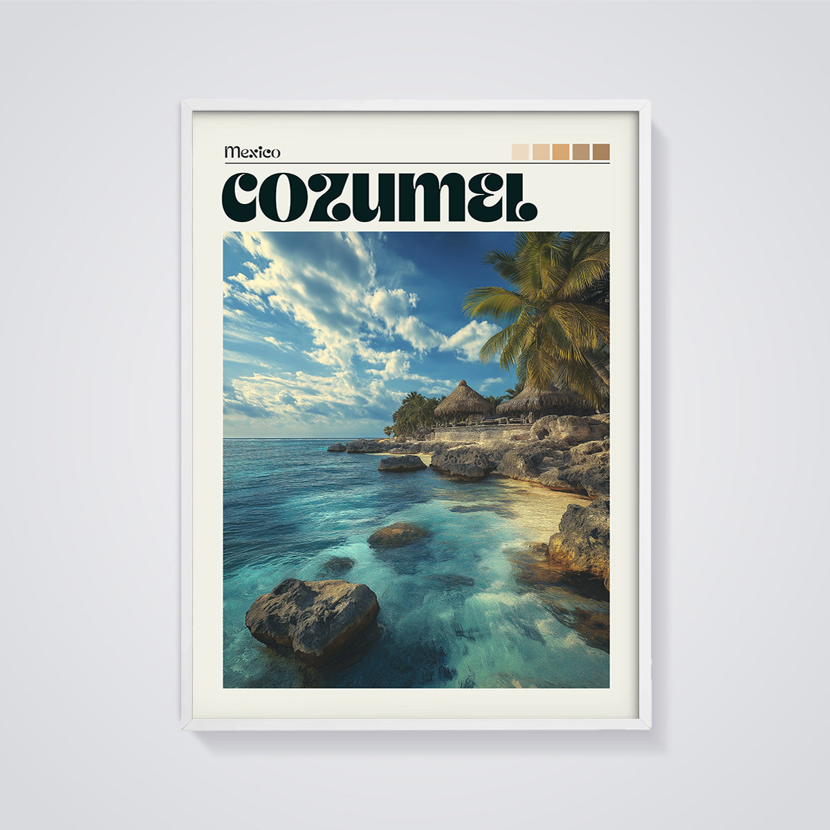 Cozumel Mexico Tropical Beach Print framed in white on a grey background