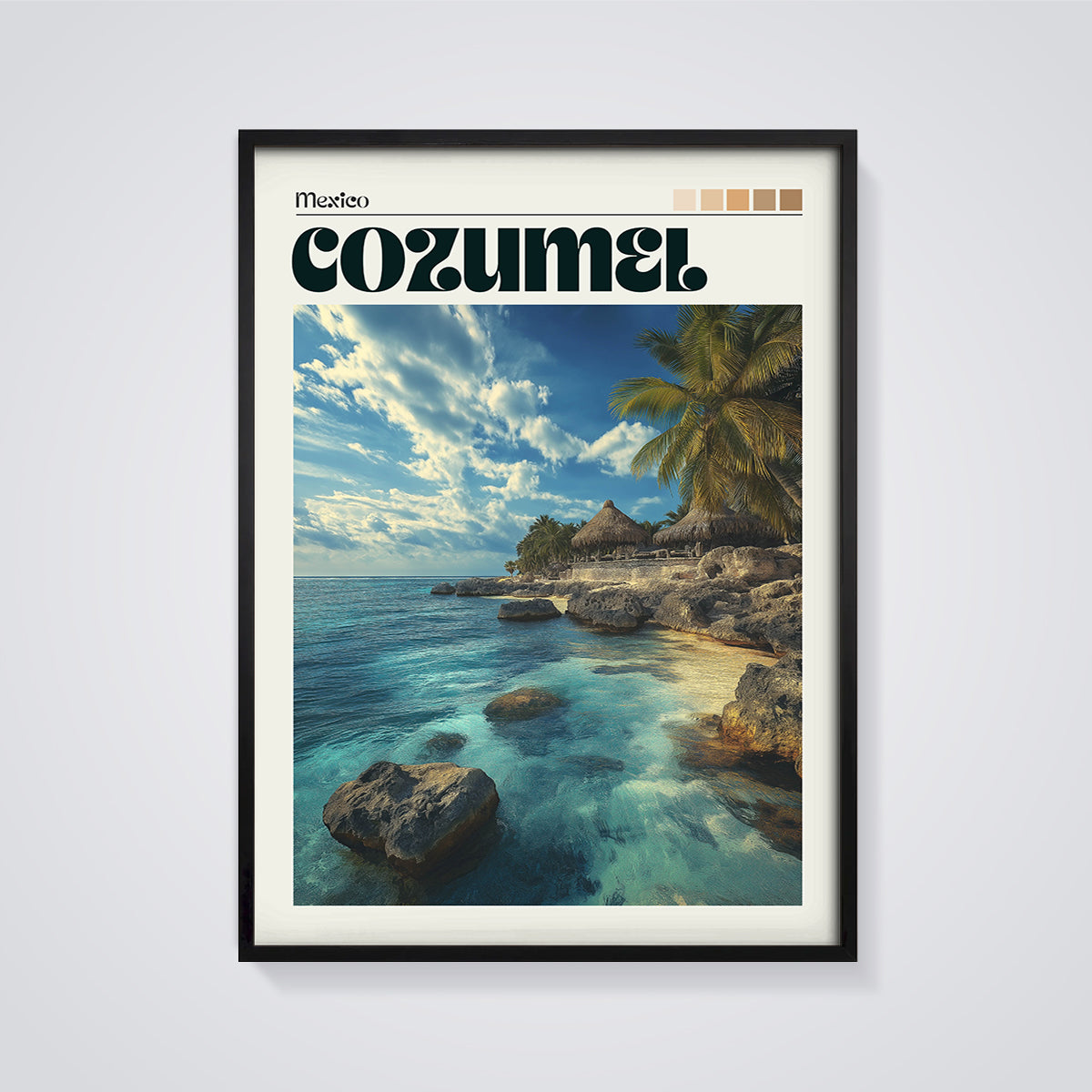 Cozumel Mexico Tropical Beach Print framed in black on a grey background