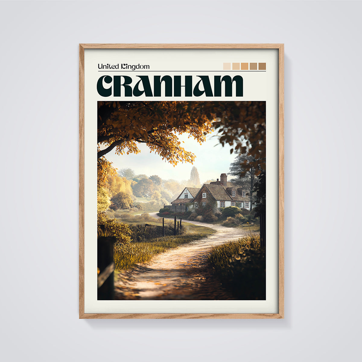 Cranham Countryside Path Print framed in oak on a grey background