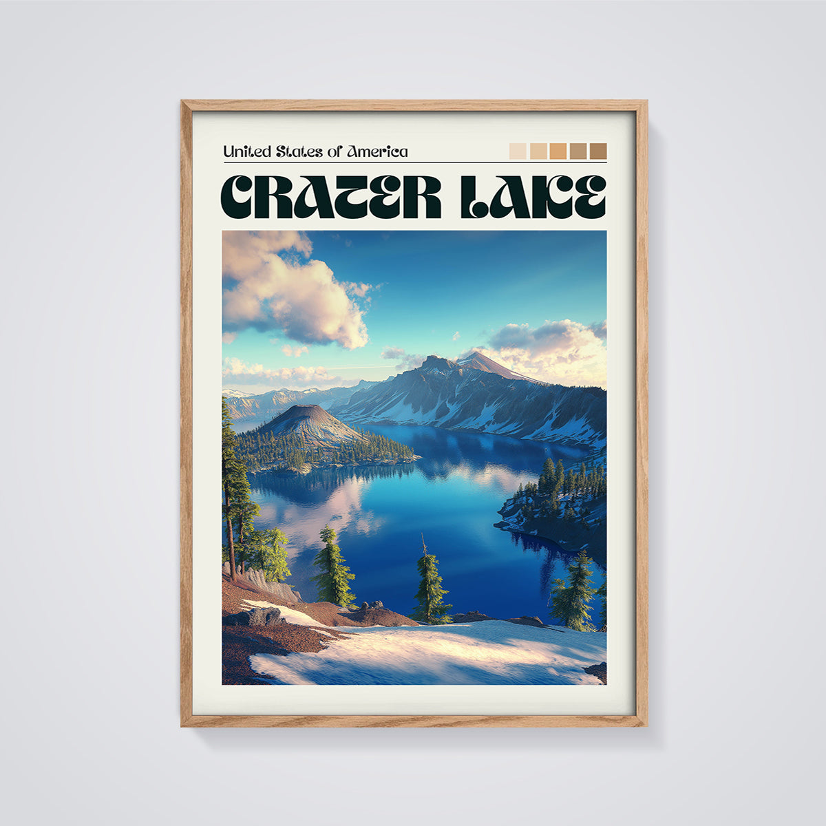 Crater Lake Landscape Print framed in oak on a grey background