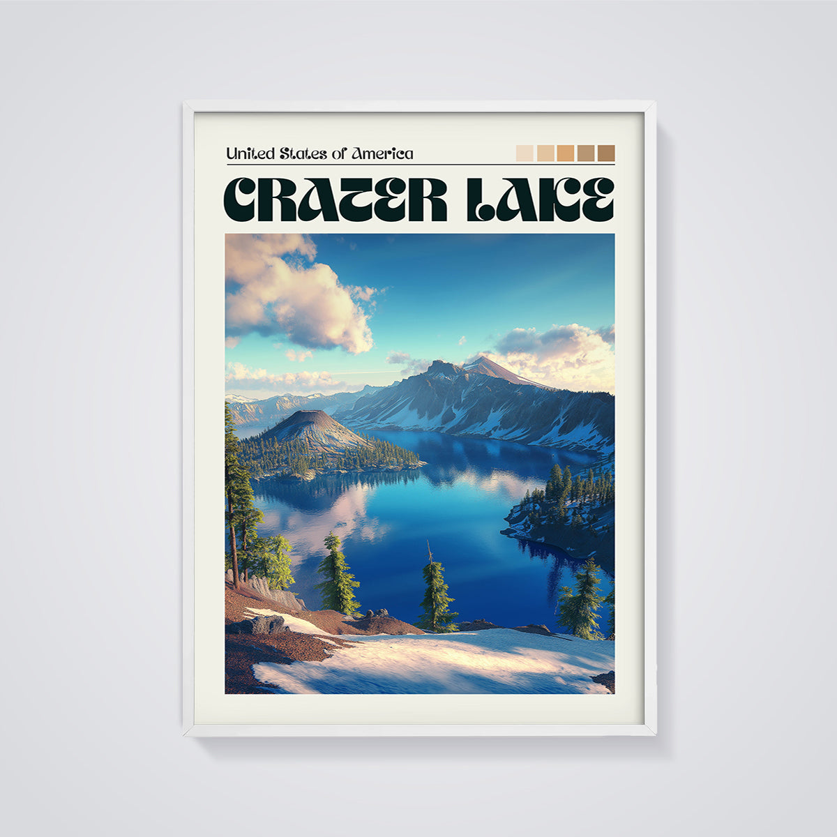 Crater Lake Landscape Print framed in white on a grey background
