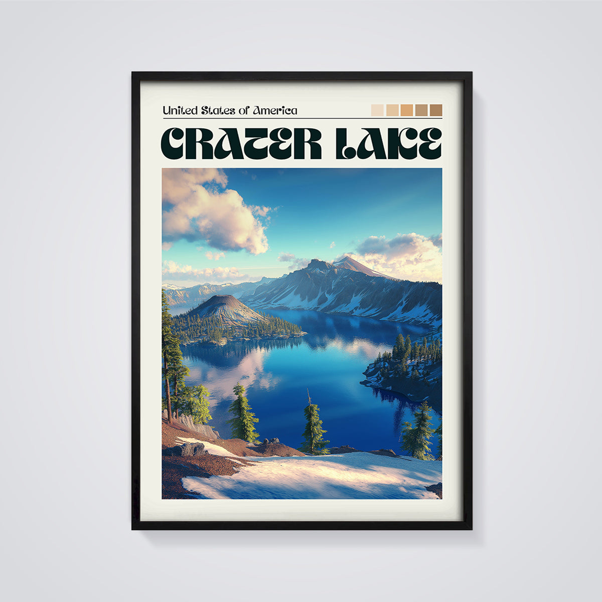Crater Lake Landscape Print framed in black on a grey background