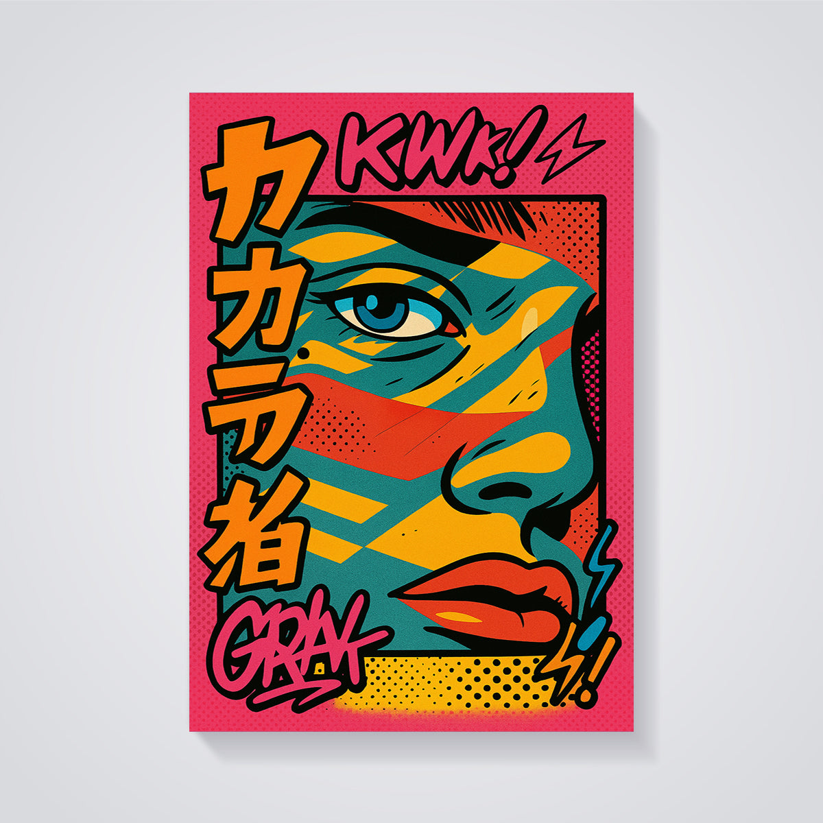 Crazy KWk! Pop Art Face Print unframed on a grey background